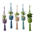 supports plante macramé tissé main motifs géométriques boho couleurs violet bleu beige vert