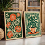 affiches modernes toile fleurs stylisées vert orange beige sans cadre