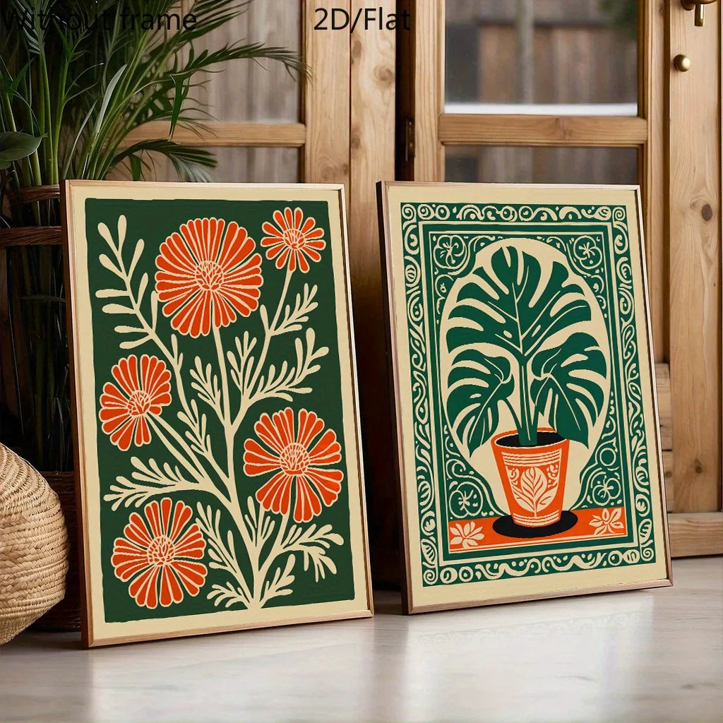 affiches modernes toile fleurs stylisées vert orange beige sans cadre