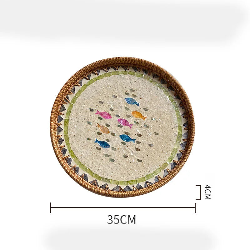 assiette plate décorative rotin tressé motif fleurs boho rustique couleur naturelle