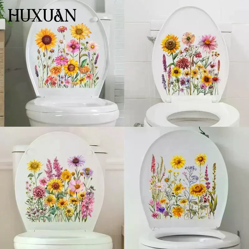 stickers decoratifs art floral fleurs tournesols dahlias feuillage multicolore moderne pvc opaque deco wc