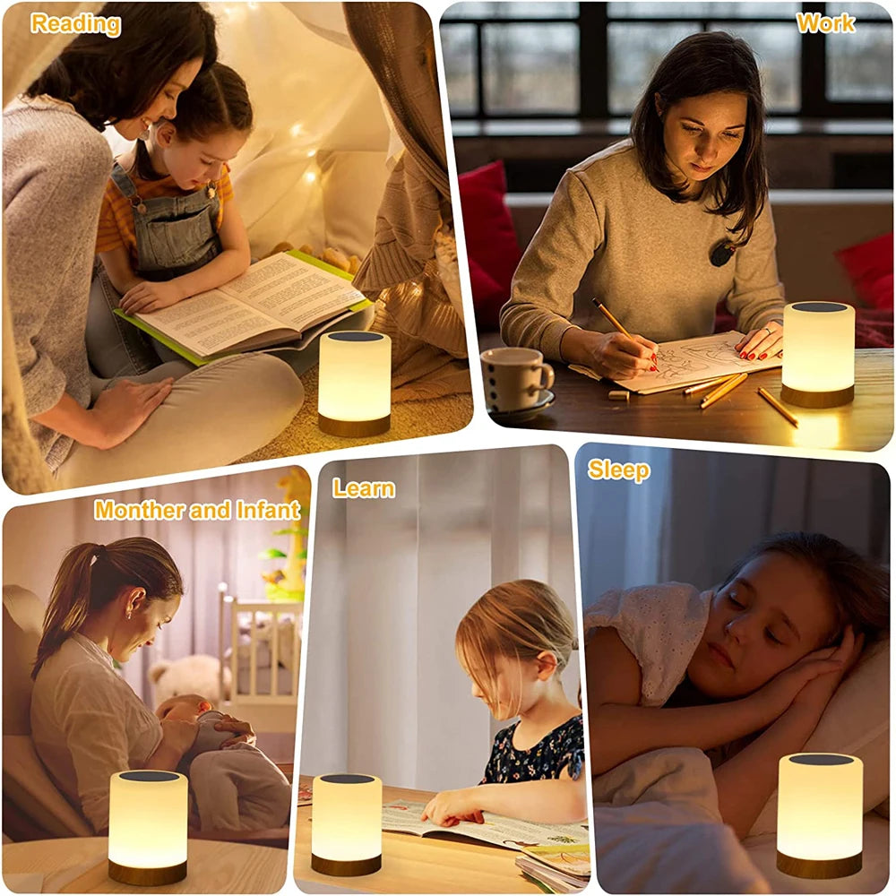 lampe table blanc finition bois moderne minimaliste crochet mural bouton tactile lumière ambiante changeante