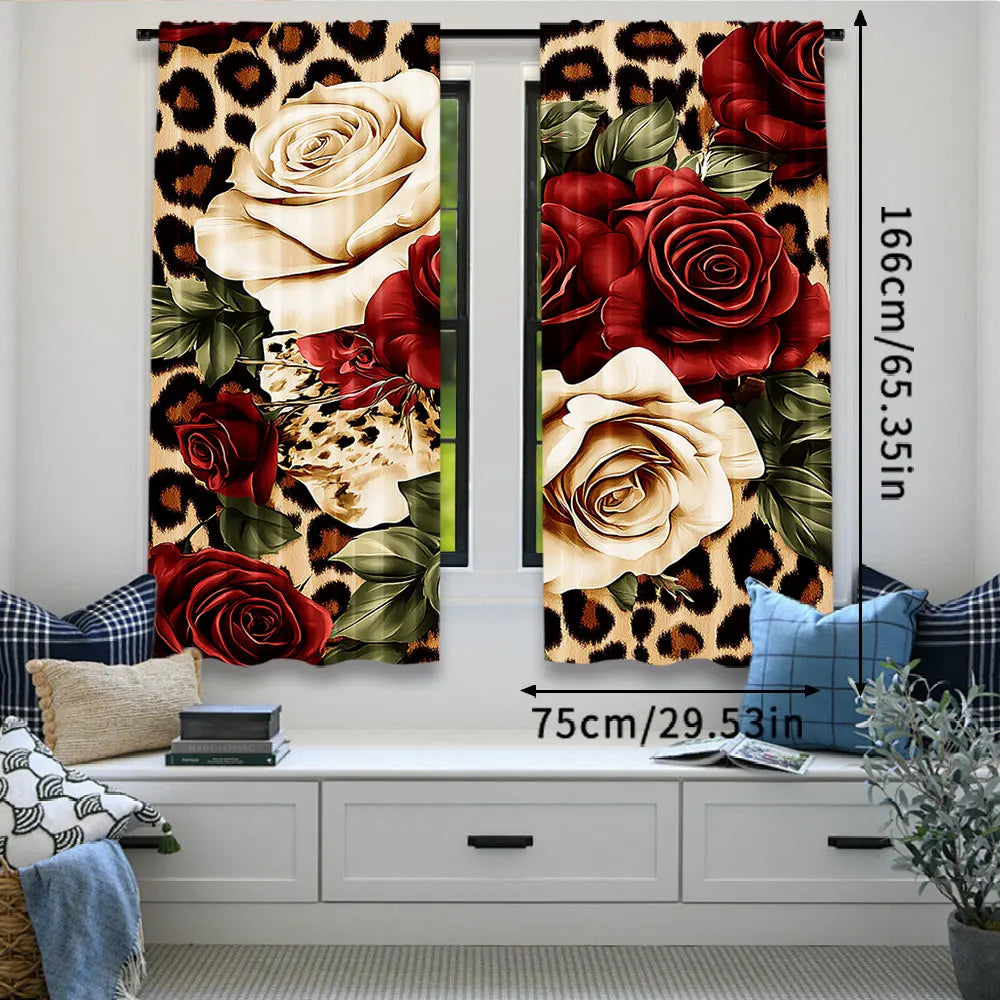 rideau moderne roses rouges léopard opaque 100 polyester 75x166 105x230 130x210 deux panneaux