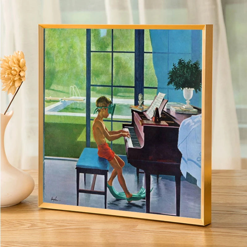 tableau toile huile enfant piano vert bleu brun contemporain maison décoration mur carré