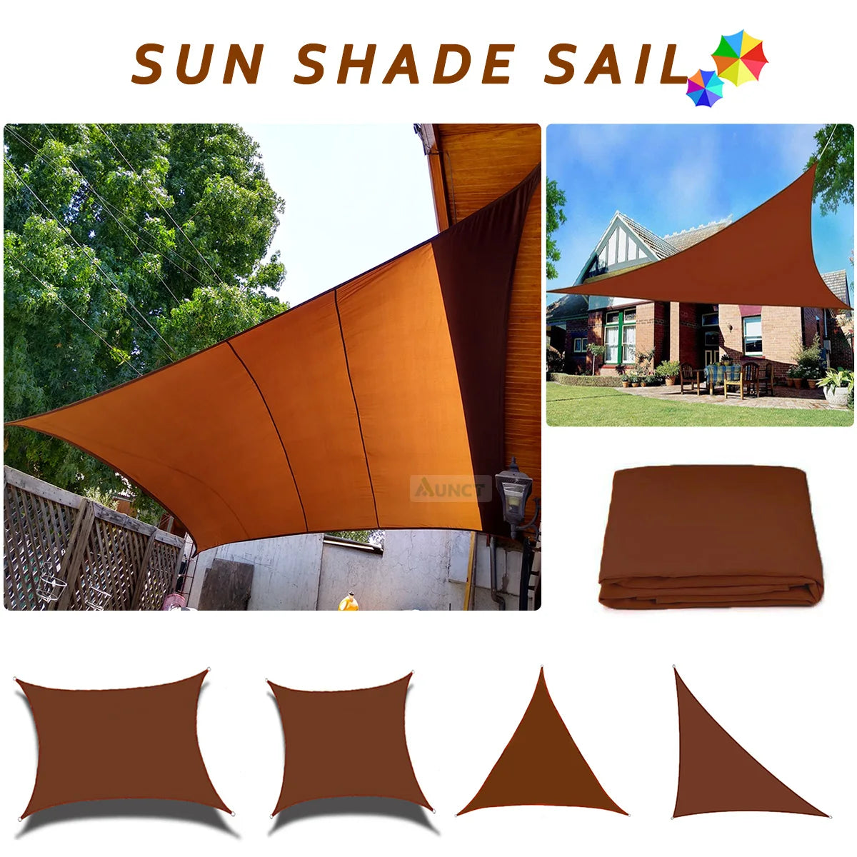 Voile d'ombrage marron installée sur une terrasse de jardin
