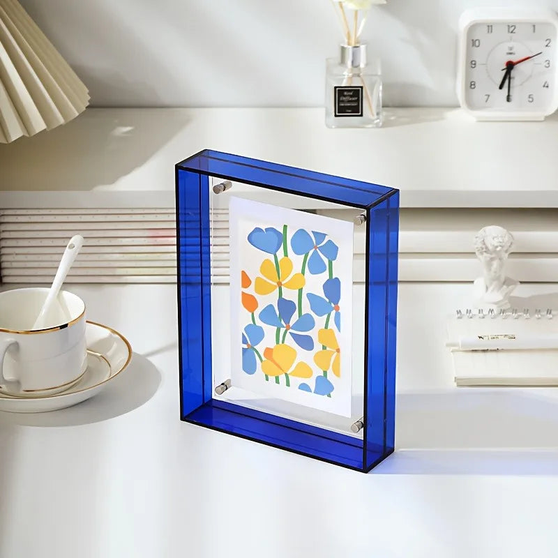 cadre photo moderne acrylique transparent floral bleu orange vert rose clips mural