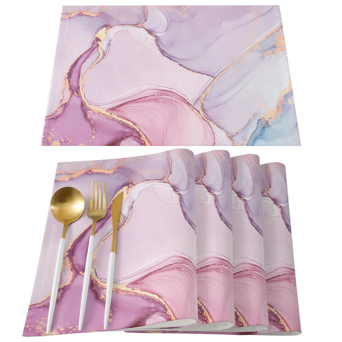 serviettes table moderne élégantes marbre blanc or bleu rose veines dorées lin respectueuses environnement