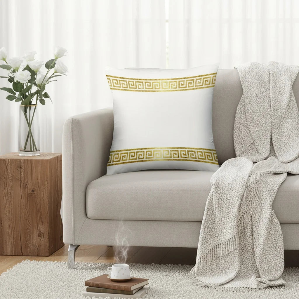coussin carré blanc motif géométrique doré classique 100% polyester élégant salon chambre terrasse decoration