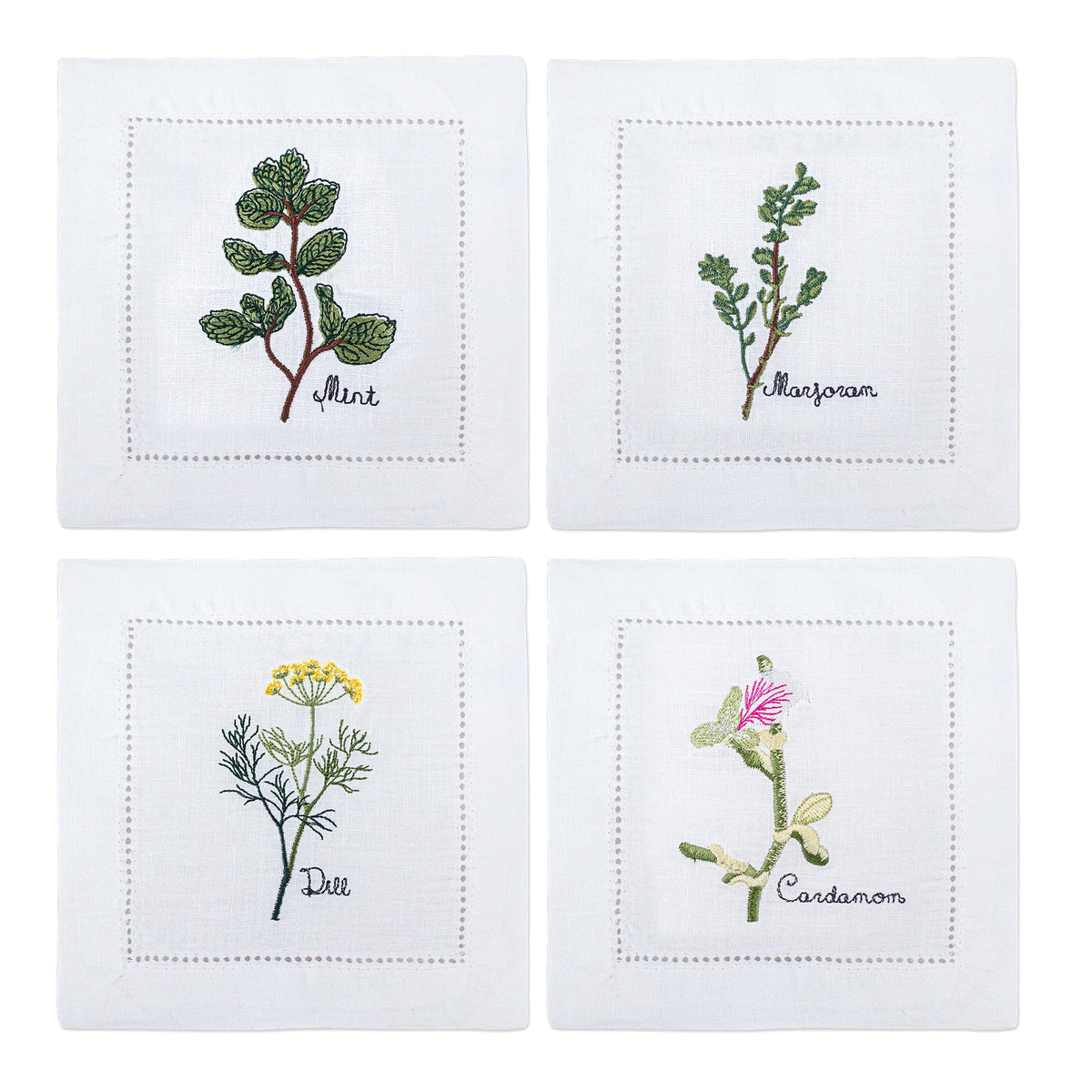 serviette cuisine lin blanc brodée motifs plantes aromatiques naturelle table élégante