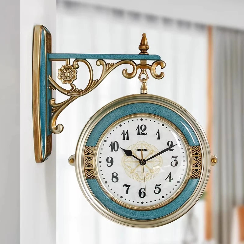 horloge murale double face bleu turquoise or décorative vintage figurines animales chambre salon