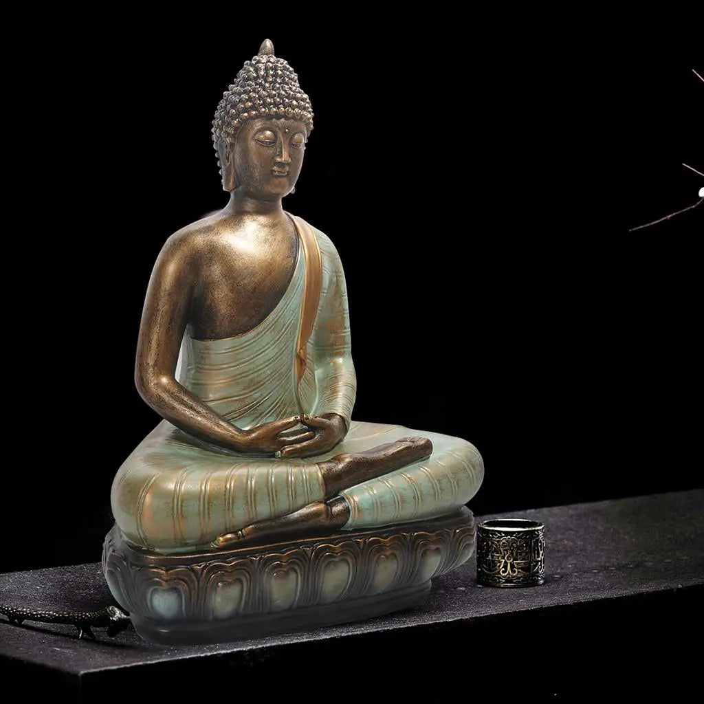 statue bouddha résine bronze zen jardin décoration extérieure or vieilli points coiffure plantes grasses
