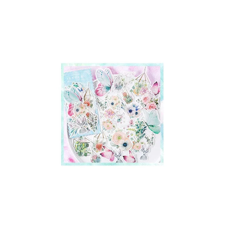 sticker decoratif violet bleu rose blanc fantastique personnages animaux cristaux plumes fleurs scrapbooking journal