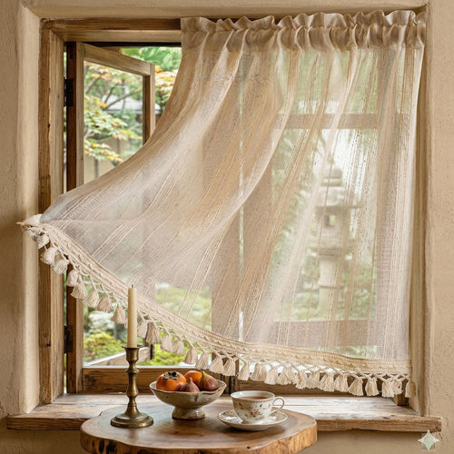 rideau vintage bohème beige clair texture semi transparente bordure brodée légèrement rugueux intérieur extérieur