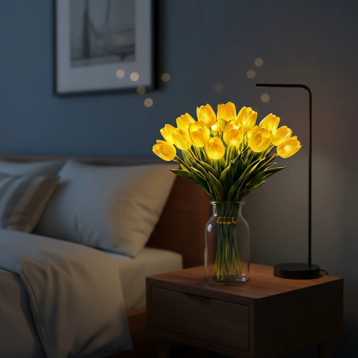 bouquet tulipes lumineuses rose jaune blanc moderne décoration intérieure transparent bocal chambre festive