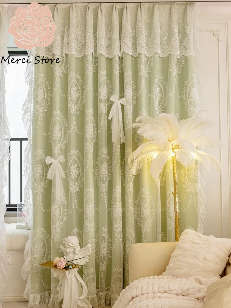 rideau double couche vert clair blanc motif floral dentelle classique chambre salon maison