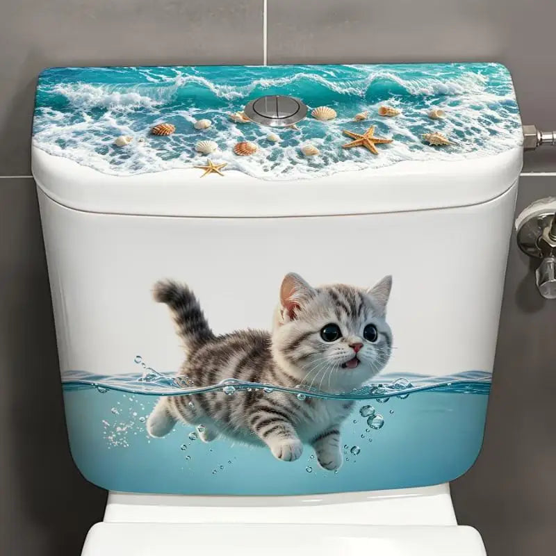 cache cuvette toilette adhésif moderne chat nageur coquillages vague océan blanc bleu gris beige