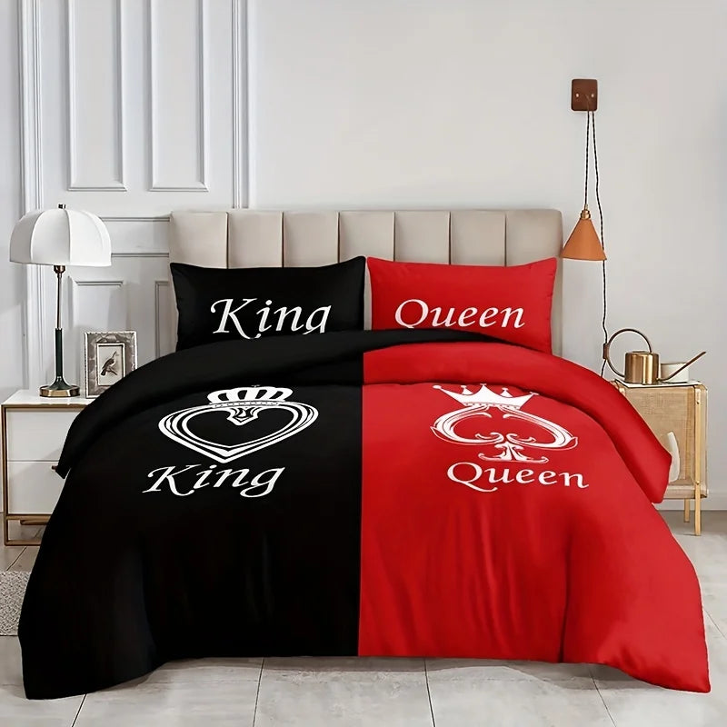 parure lit housse couette rouge noir motif couronne texte king queen moderne