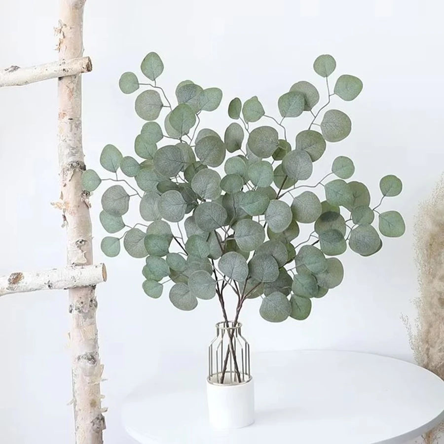 feuilles eucalyptus artificielles branche verte minimaliste nature deco intérieur extérieur soie rondes lisses