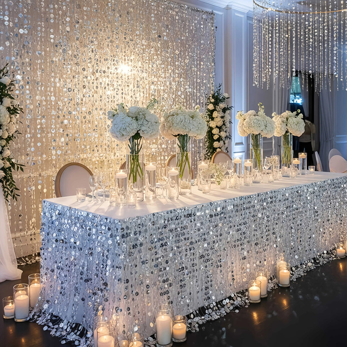 rideau paillettes argent blanc brillant decoration mariage anniversaire noel glamour