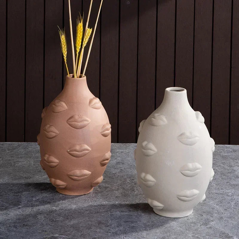 Vase céramique moderne vase table blanc visage sculpté lèvres sculptées art déco