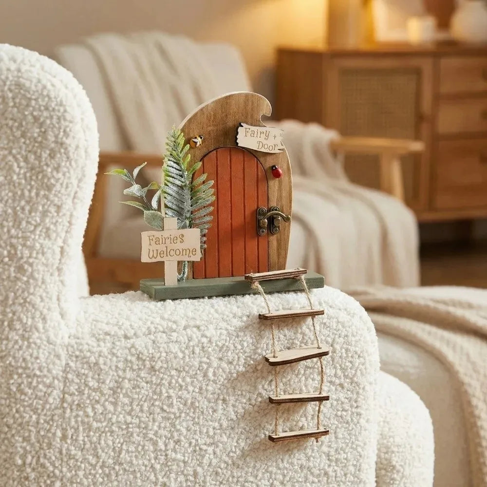 décoration maison poupée porte fée miniature escalier bois fleurs crochet plaque bienvenue vintage