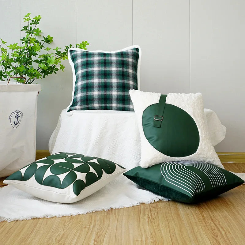 taies d'oreiller patchwork carreaux écossais moderne vert foncé blanc maison adhésif coussin polyester respectueux