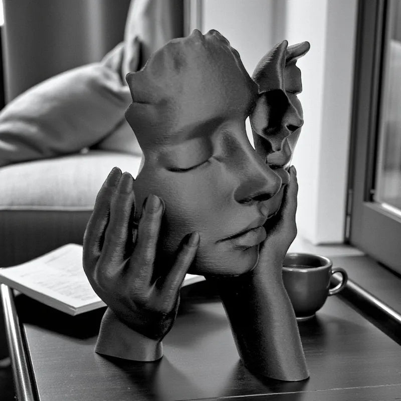 sculpture décorative abstraite moderne visage humain noir blanc texture expressive intérieur