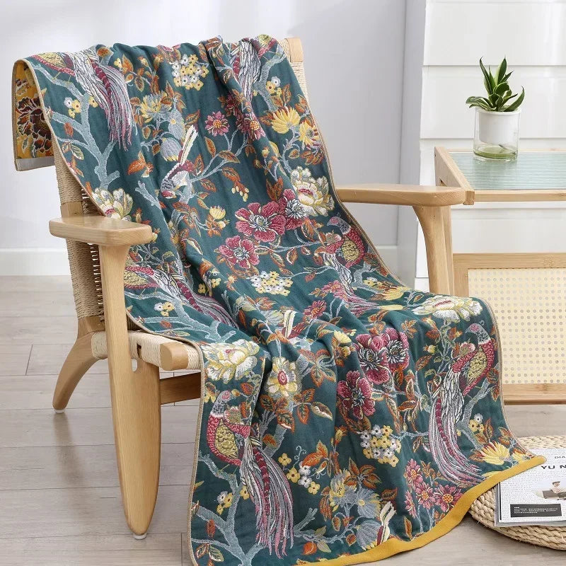 serviette bain coton jacquard fleurs vintage rapide absorption grande taille bleu orange rouge