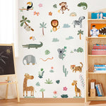 sticker mural animaux dessin animé jungle girafe zèbre léopard éléphant oiseaux plantes chambre enfant