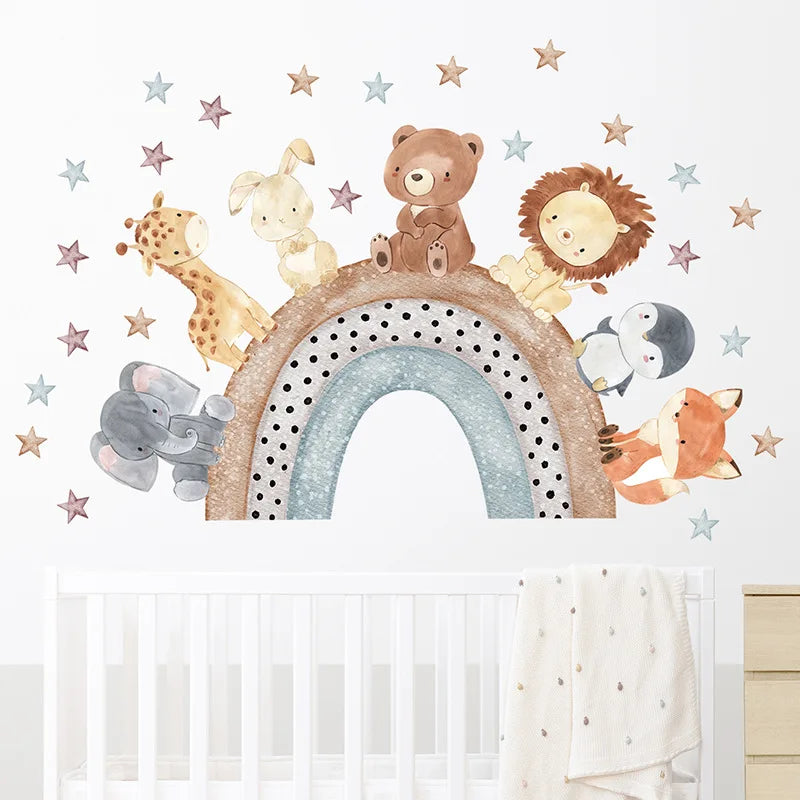 autocollant mural animaux forêt dessin animé décoration chambre bébé fille garçon sticker murale pvc
