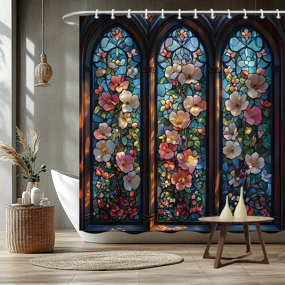 rideau douche art nouveau multicolore fleurs stylisées opacité anneaux rideau polyester 180x180cm