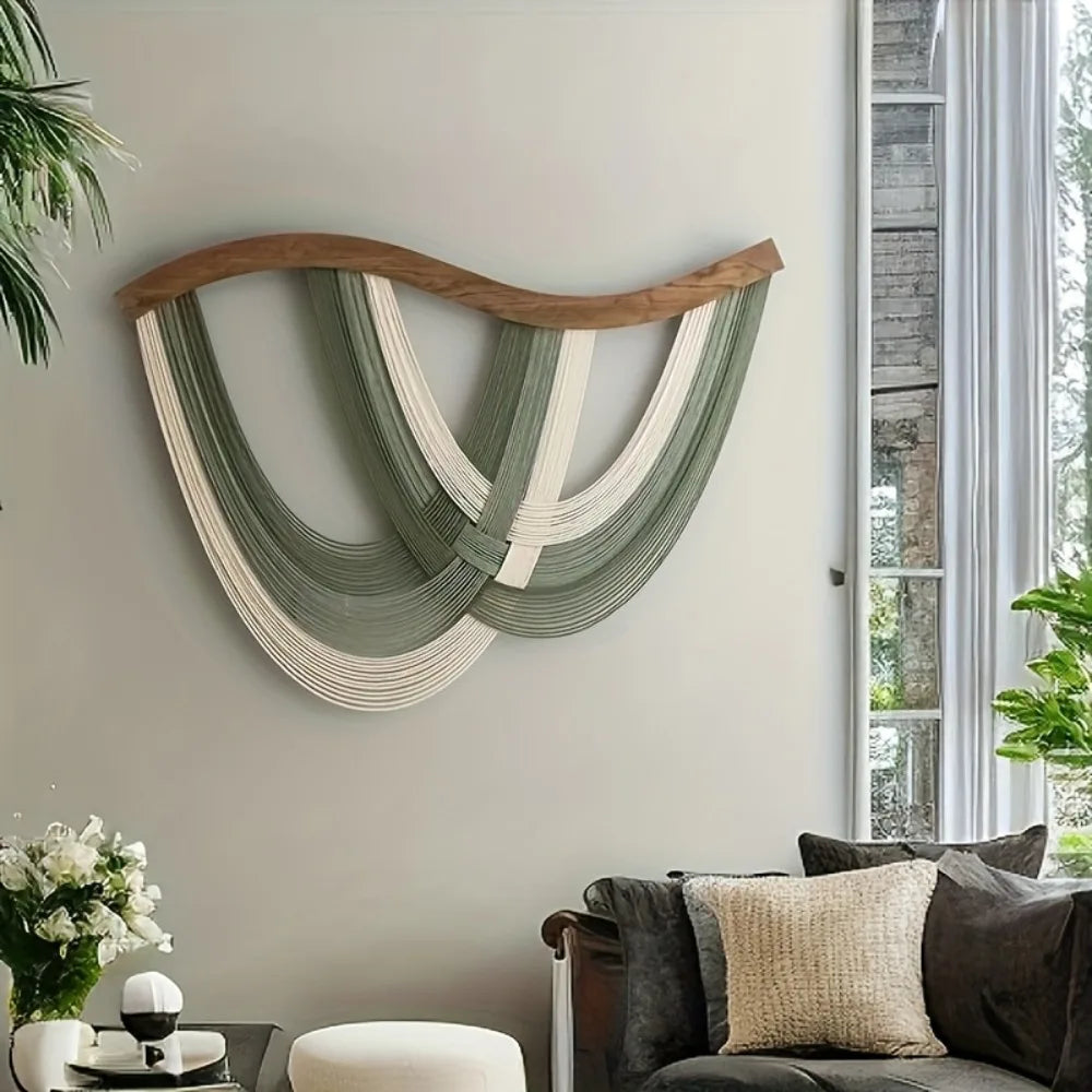 tapisserie murale coton spirales vert blanc marron moderne salon chambre decoration bohème pompons cadre