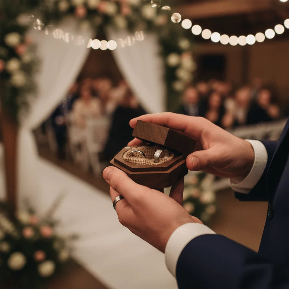 boîte bijoux bois marron moderne rangement bague anneaux mariage présentoir hexagonal élégant