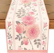 nappe table fleur rose motif floral rayures beige champêtre assiettes couverts chaises