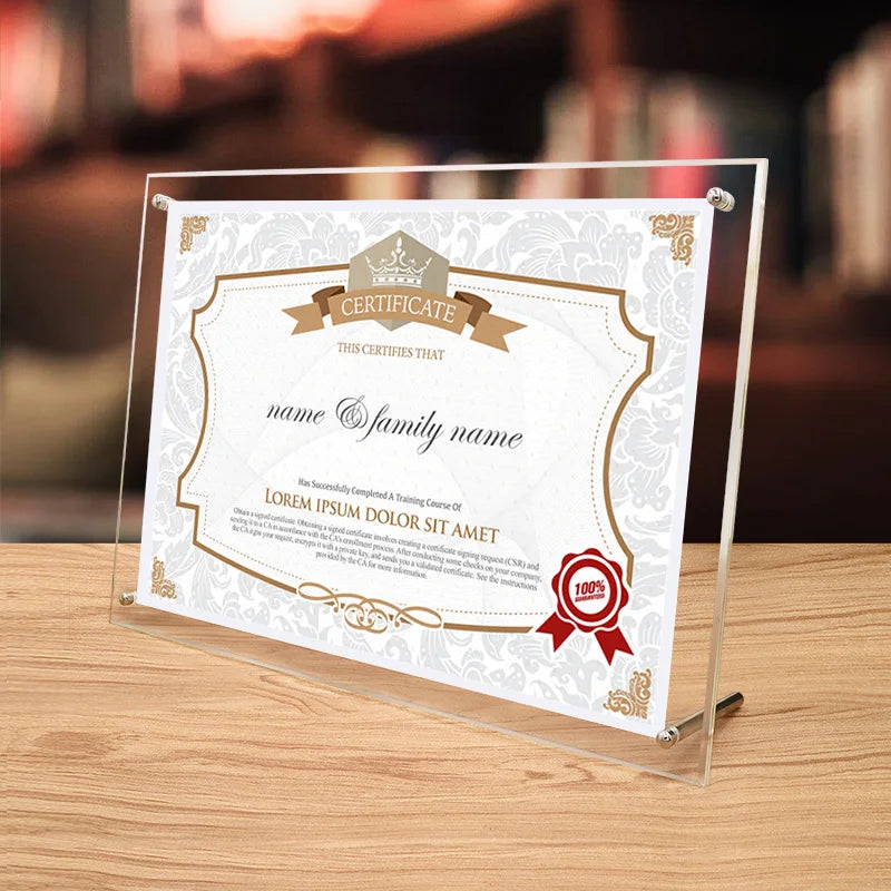 cadre transparent certificats motifs floraux clips classique ornementé affichage autoportant
