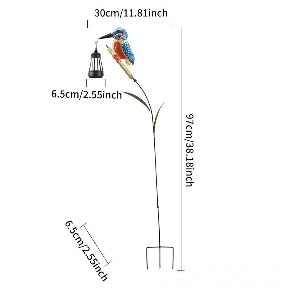 lanterne solaire oiseau artificiel plumes colorées bleu orange vert lanterne noire réaliste décoratifextérieur jardin