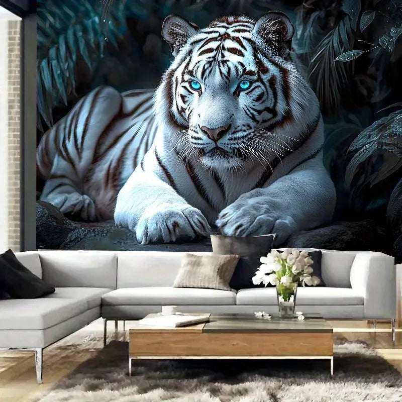 tapisserie murale tigre blanc imprimé décoration salon chambre entrée scandinave polyester dirt repellent lint