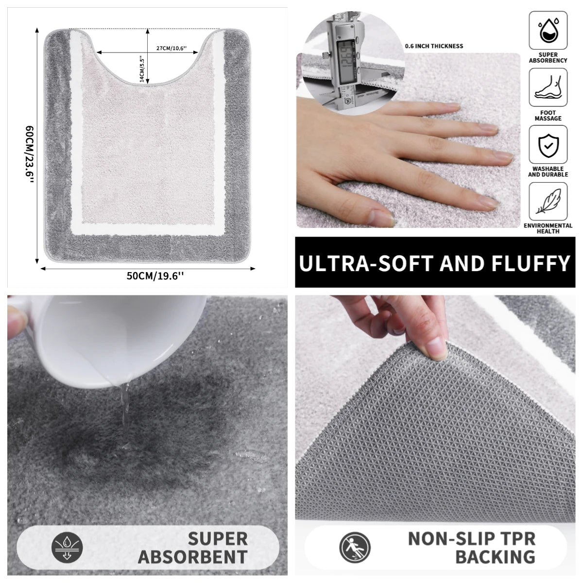 tapis toilette moderne gris clair pelucheux super absorbant antidérapant tissu microfibre chenille memory foam