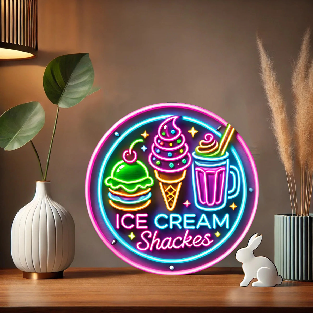 plaque publicitaire lumineuse multicolore cornet glace hamburger cocktail neon art fixations vis