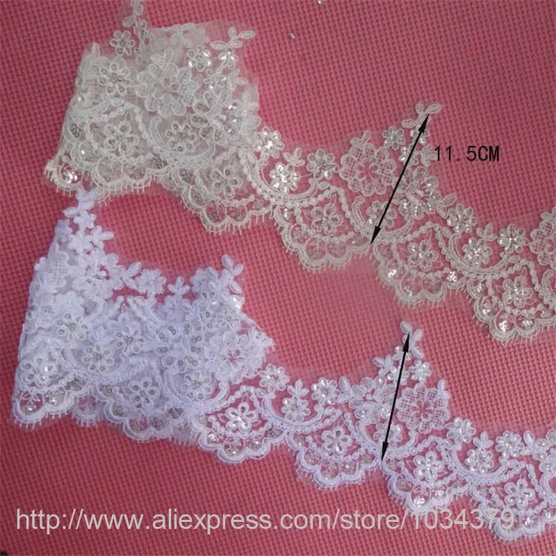 tissu dentelle fleur paillettes blanc rose beige vert mariage translucent brodé polyester 11.5cm