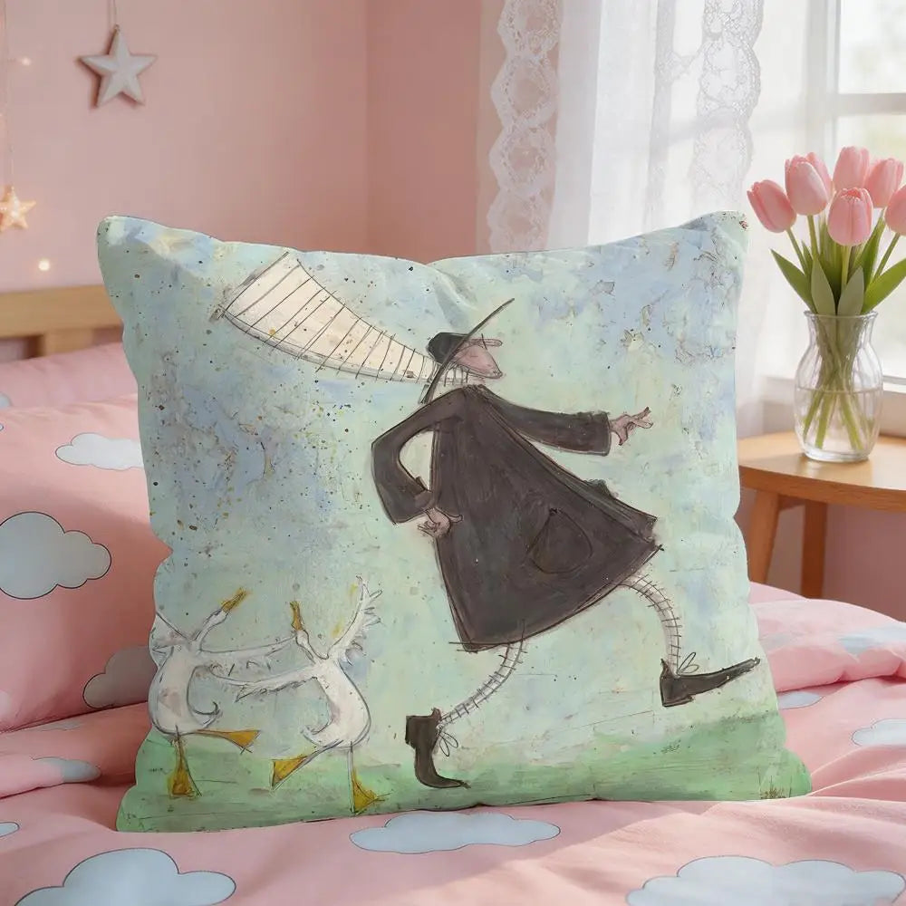 housse coussin carrée motif sorcière oiseaux cartoon polyester bleu clair gris vert zip 30x30cm