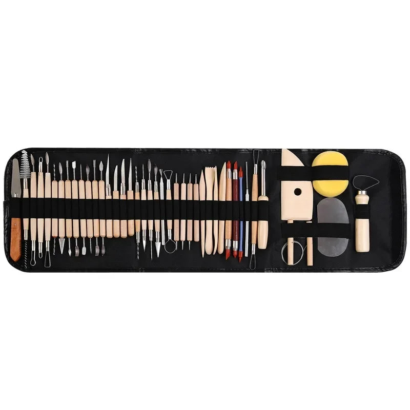 ensemble pinceaux outils céramique sculpture poignées bois métal pointes plastique transparent ergonomiques
