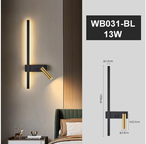lampe murale led moderne minimaliste noir doré fixée mur interrupteur câble 2000lm chambre salle