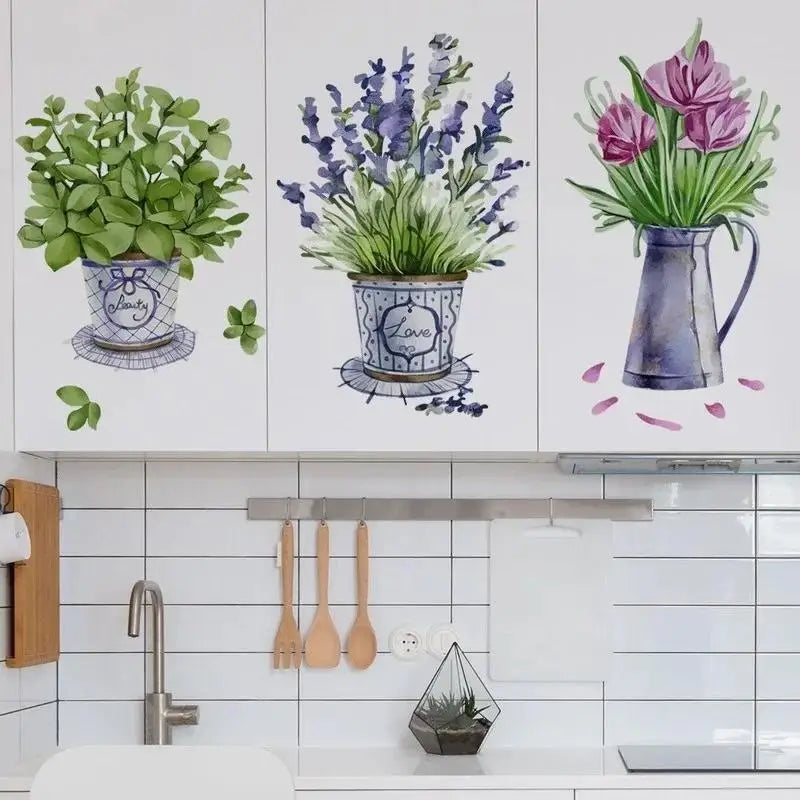 stickers muraux fleurs pots décoration moderne vert bleu violet blanc adhésif illustration salon chambre