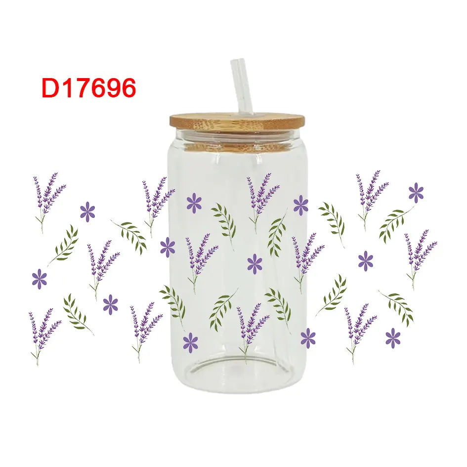 autocollants décoration diy fleurs illustration bocal verre transparent papillons roses lavande bois