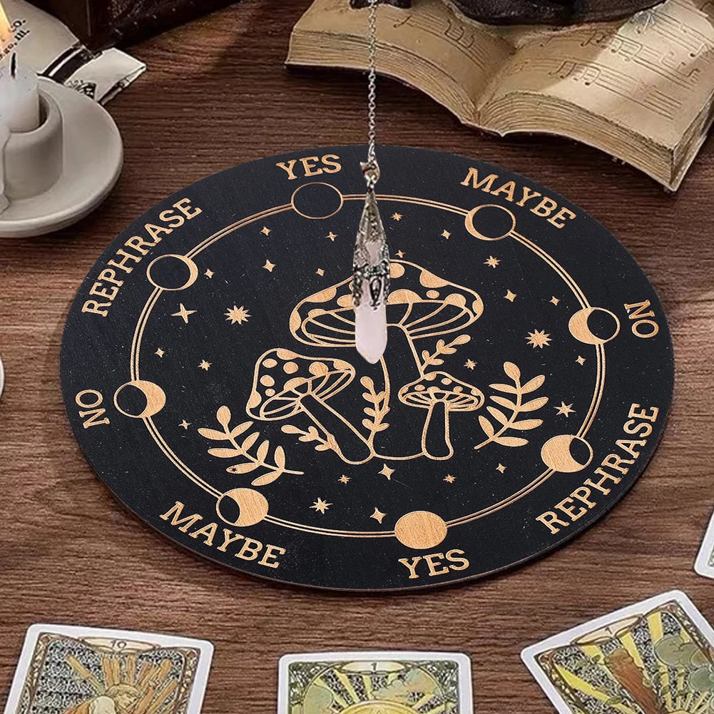 plaque décorative bois noir champignons mystique astrologique oui maybe no rephrase