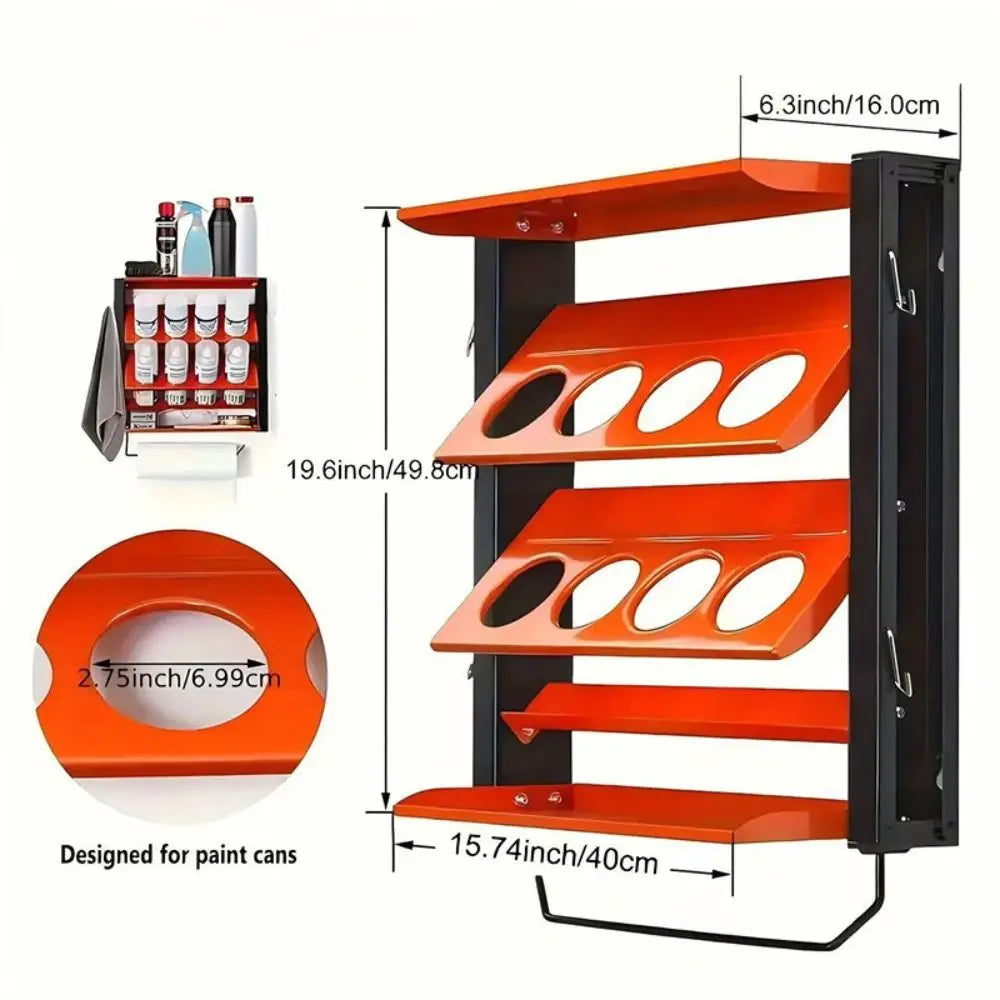 rangement mural industriel orange noir argenté sprays bouteilles outils utilitaires multifonctionnels fixations murales