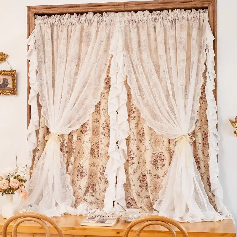 rideau double couche dentelle fleurs beige classique romantique translucide fenêtre salon chambre maison