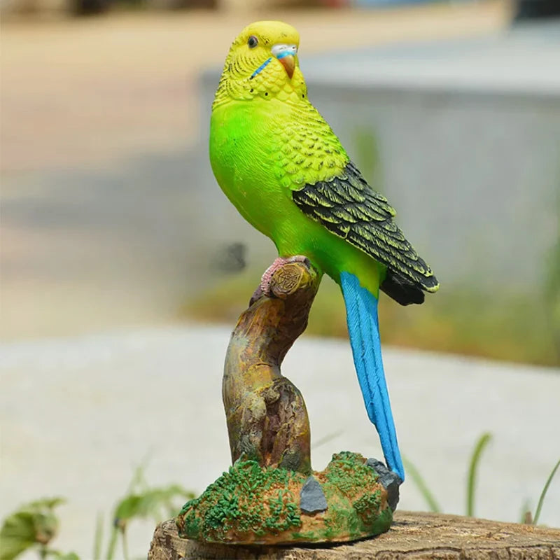 statue résine perroquet ornement extérieur décoration jardin couleurs vives plumes réalistes base bois mousse