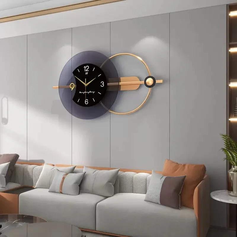 horloge murale moderne noir gris doré cercles superposés contemporaine sans fixation salon decoration